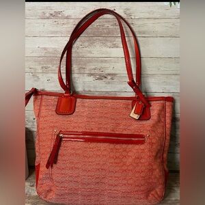 Coach Signature Jacquard Zip Top Designer Tote Poppy Red C1359-25051 EUC